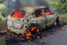 In Ranipokhari's Manik village a running car caught fire and burnt to ashes.
