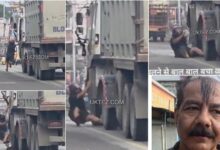 A narrow escape of person being crushed under tyre of truck in Dehradun.