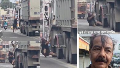 A narrow escape of person being crushed under tyre of truck in Dehradun.